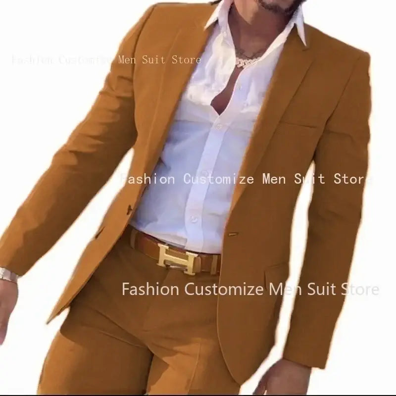R&z - Slim Fit Wedding Groom Tuxedo Groomsmen Suits Male Fashion Smoking Costume Homme Blazer with Pants - Caramel