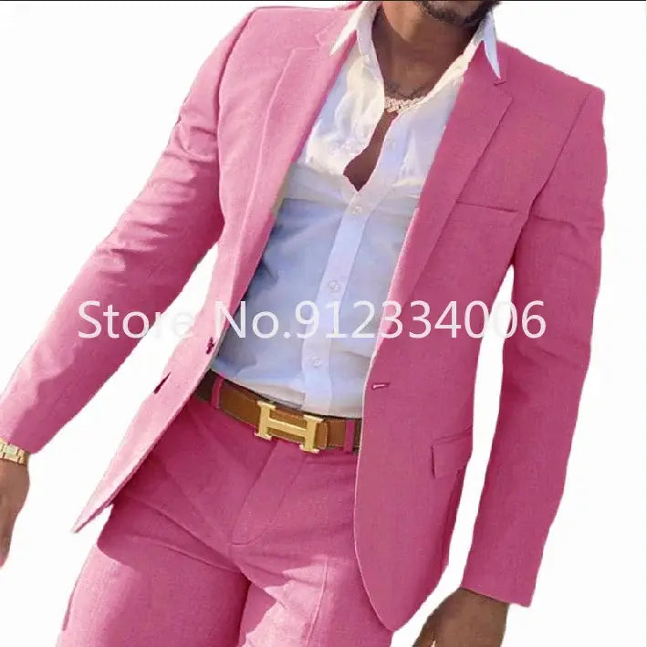 R&z - Slim Fit Wedding Groom Tuxedo Groomsmen Suits Male Fashion Smoking Costume Homme Blazer with Pants - Fuchsia / 4XL