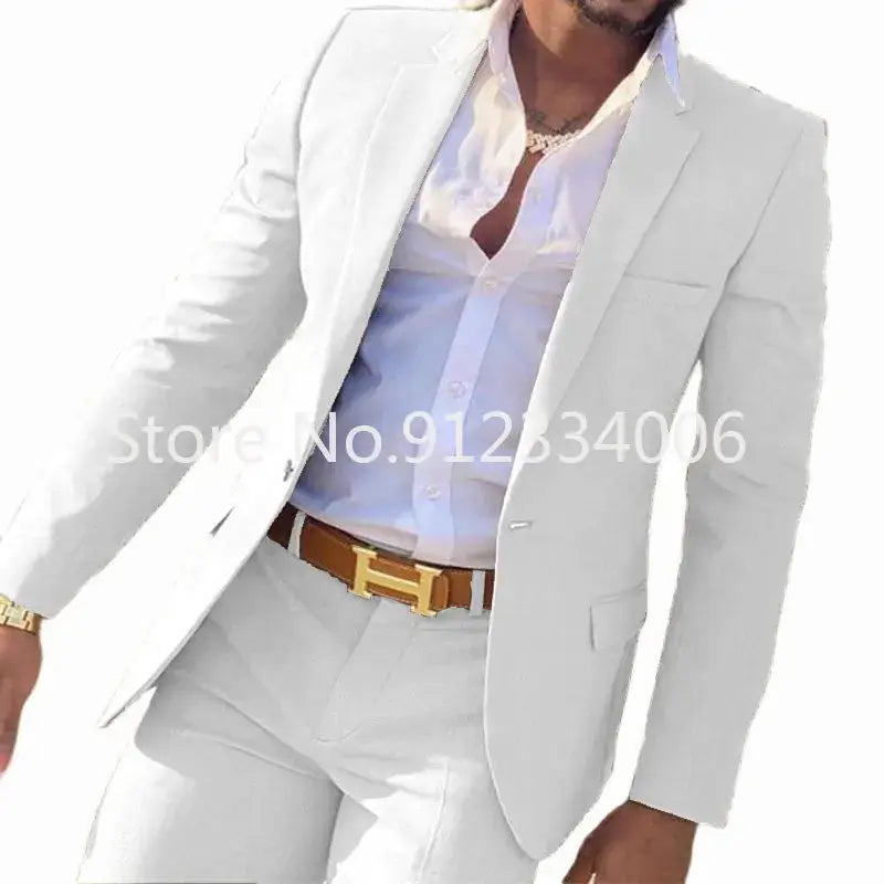 R&z - Slim Fit Wedding Groom Tuxedo Groomsmen Suits Male Fashion Smoking Costume Homme Blazer with Pants - WHITE / 5XL