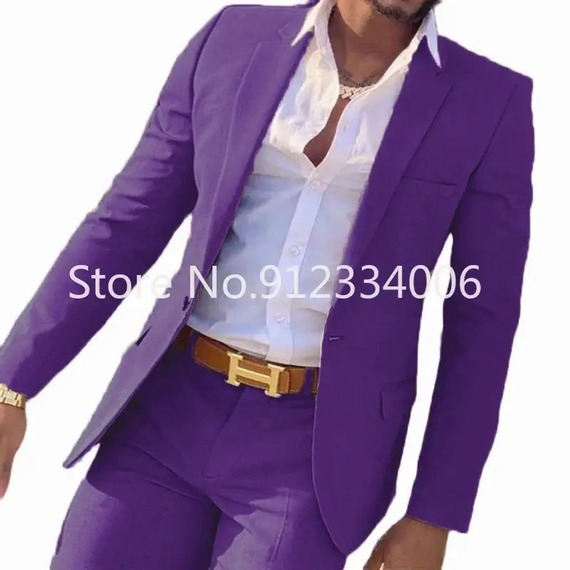 R&z - Slim Fit Wedding Groom Tuxedo Groomsmen Suits Male Fashion Smoking Costume Homme Blazer with Pants - PURPLE / M
