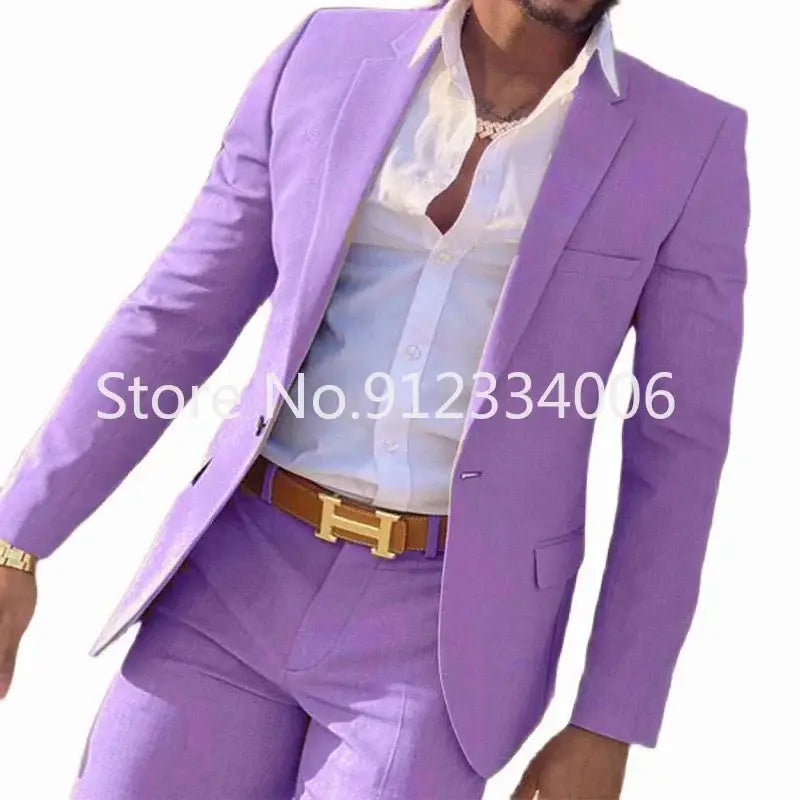 R&z - Slim Fit Wedding Groom Tuxedo Groomsmen Suits Male Fashion Smoking Costume Homme Blazer with Pants - Lavender
