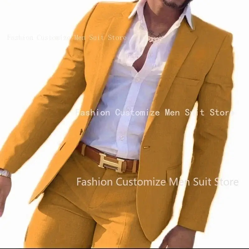 R&z - Slim Fit Wedding Groom Tuxedo Groomsmen Suits Male Fashion Smoking Costume Homme Blazer with Pants - Orange