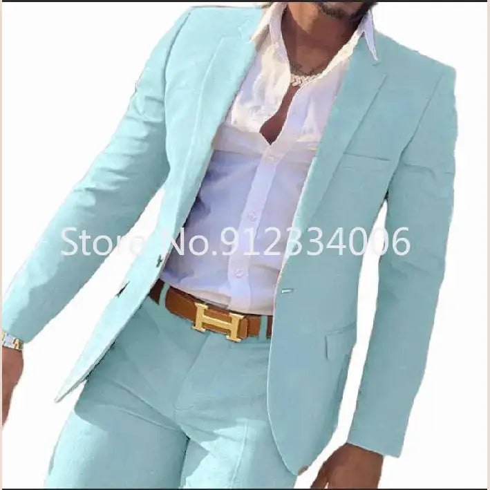 R&z - Slim Fit Wedding Groom Tuxedo Groomsmen Suits Male Fashion Smoking Costume Homme Blazer with Pants - SKY BLUE