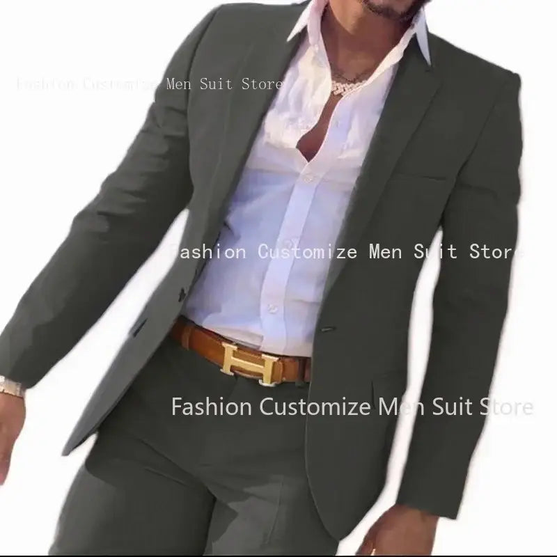 R&z - Slim Fit Wedding Groom Tuxedo Groomsmen Suits Male Fashion Smoking Costume Homme Blazer with Pants - Dark Grey / L