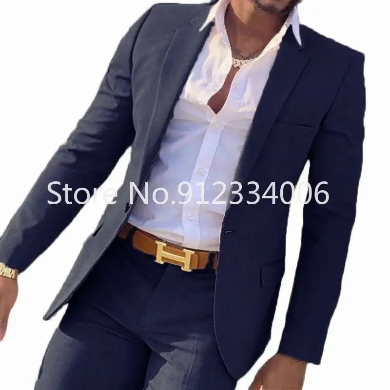 R&z - Slim Fit Wedding Groom Tuxedo Groomsmen Suits Male Fashion Smoking Costume Homme Blazer with Pants - Navy Blue