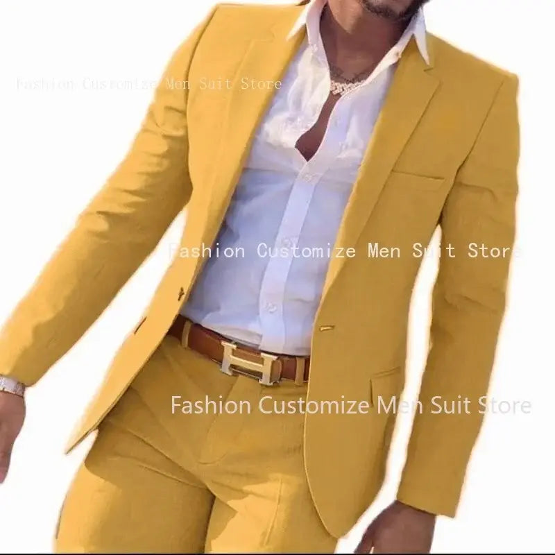 R&z - Slim Fit Wedding Groom Tuxedo Groomsmen Suits Male Fashion Smoking Costume Homme Blazer with Pants - YELLOW / XXL