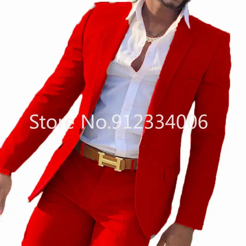 R&z - Slim Fit Wedding Groom Tuxedo Groomsmen Suits Male Fashion Smoking Costume Homme Blazer with Pants - Red / Tailor