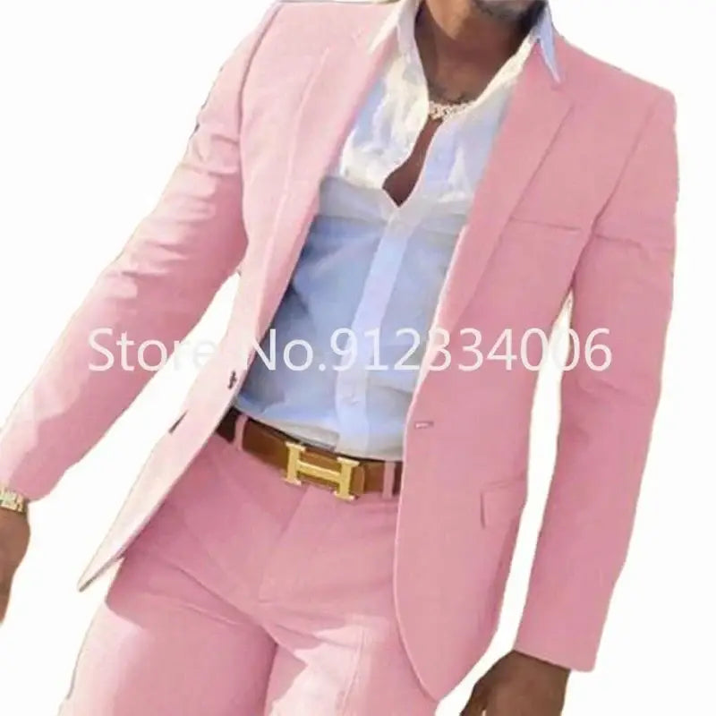 R&z - Slim Fit Wedding Groom Tuxedo Groomsmen Suits Male Fashion Smoking Costume Homme Blazer with Pants - Pink / L