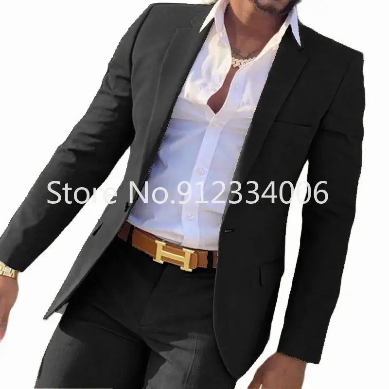 R&z - Slim Fit Wedding Groom Tuxedo Groomsmen Suits Male Fashion Smoking Costume Homme Blazer with Pants - black / XL