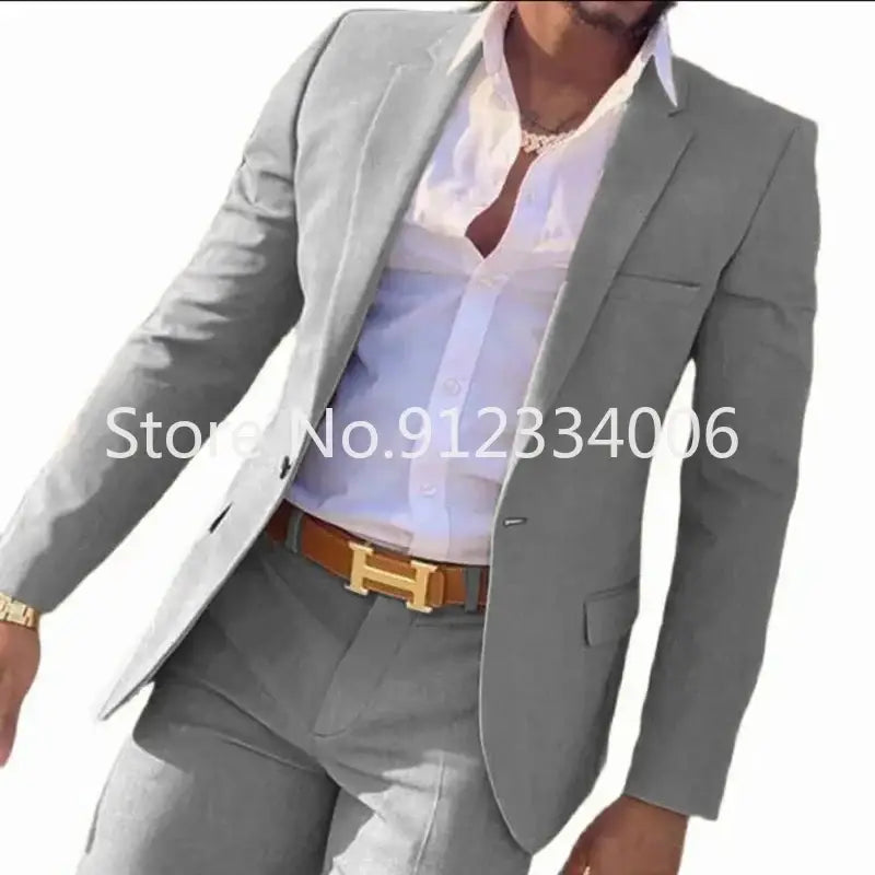 R&z - Slim Fit Wedding Groom Tuxedo Groomsmen Suits Male Fashion Smoking Costume Homme Blazer with Pants - GRAY / 5XL