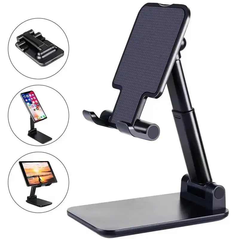 Black adjustable phone and tablet stand with textured grip surface for iphone desktop tablet holder universal use
