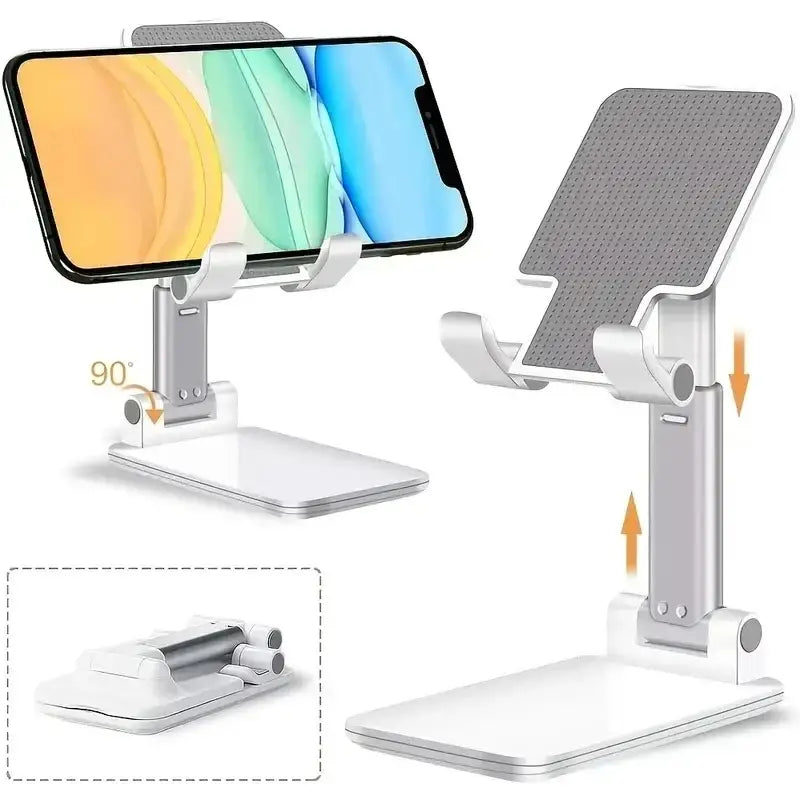 Silver and white adjustable phone stand with textured gray grip surface for iphone desktop tablet holder universal use