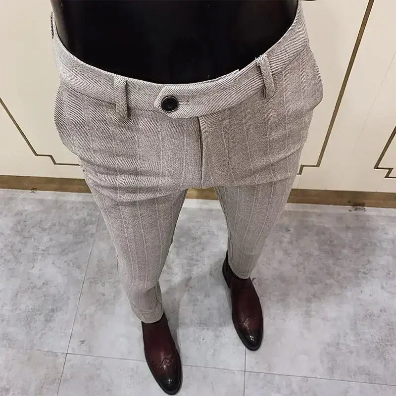 R&z - Suit Pant High Quality Men Business Slim Striped Trousers Formal Wear Office Social Dress Pants - 904 Khaki Thick