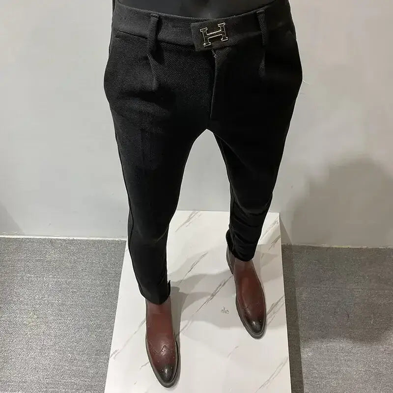 R&z - Suit Pant High Quality Men Business Slim Striped Trousers Formal Wear Office Social Dress Pants - 919 Black Thick