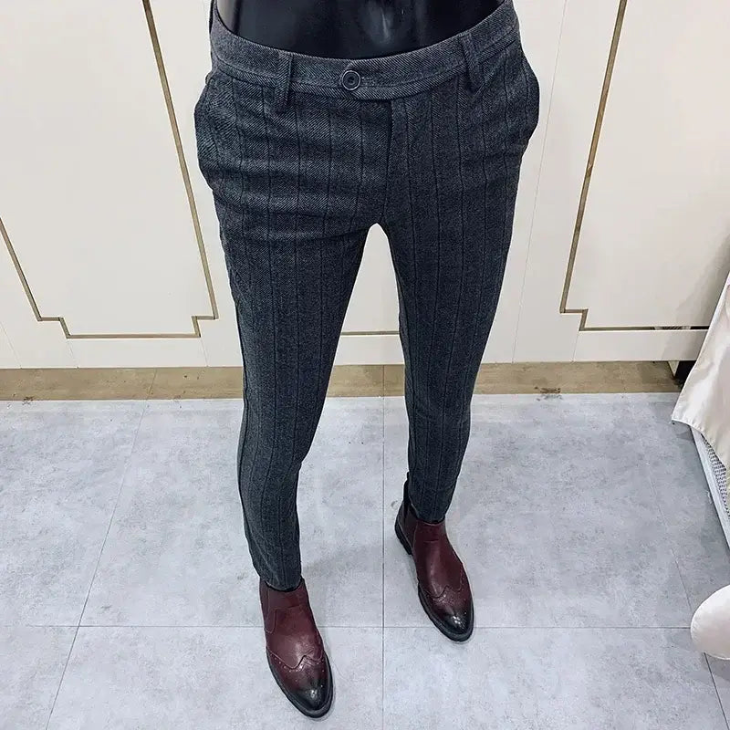 R&z - Suit Pant High Quality Men Business Slim Striped Trousers Formal Wear Office Social Dress Pants - 904 Dark grey