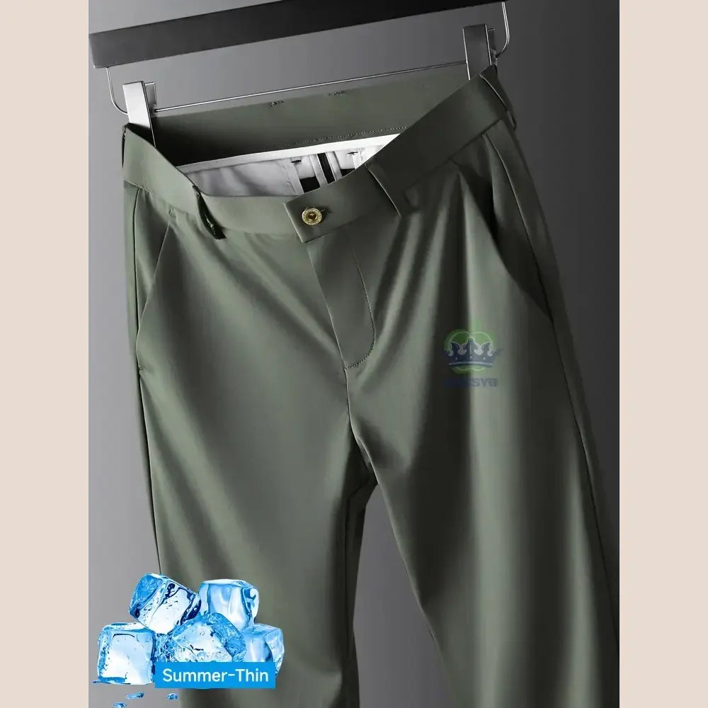 R&z - Summer Thin Ice Silk Business Pants Men Elastic Waist Classic Work - Army green / 38 - Men’s Pants