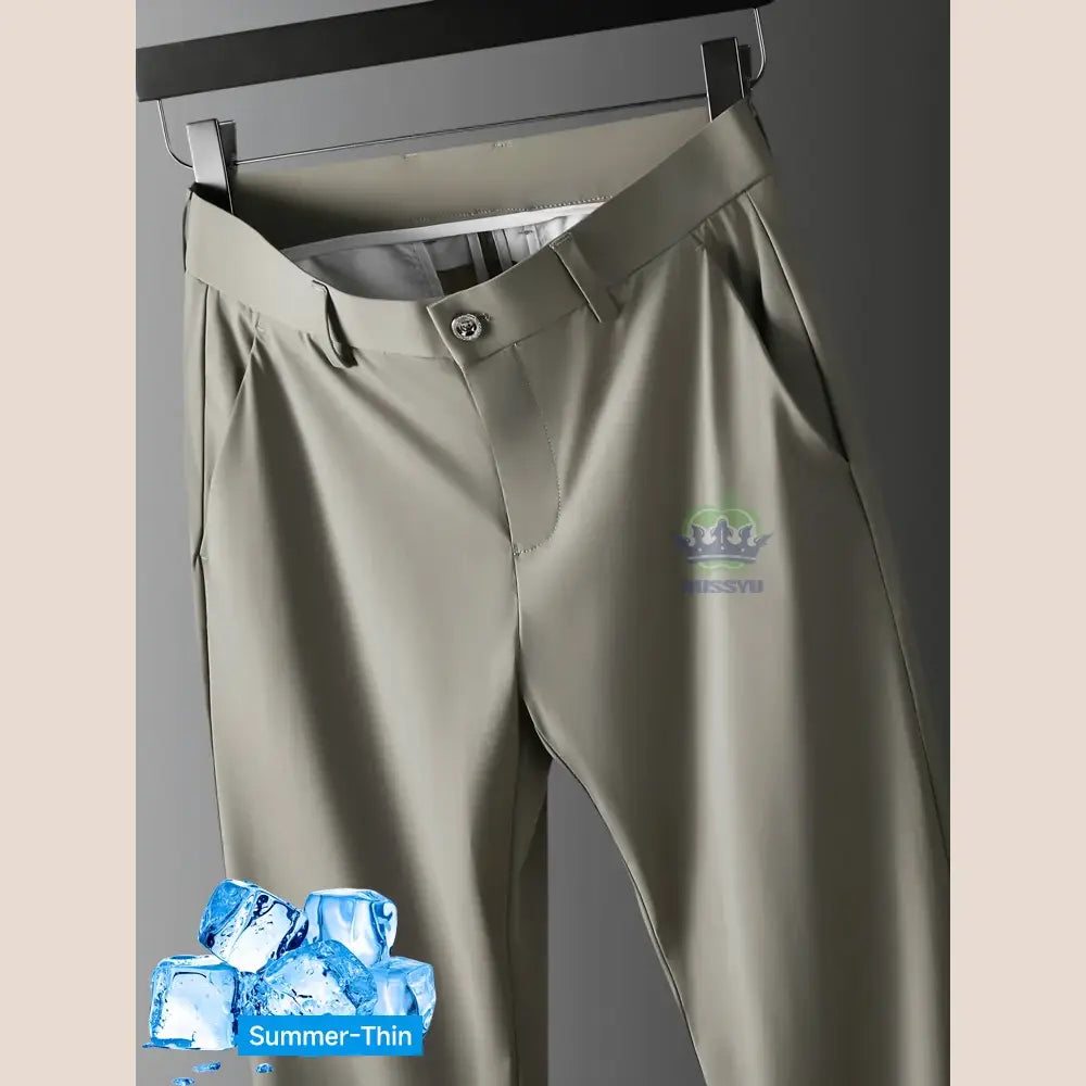 R&z - Summer Thin Ice Silk Business Pants Men Elastic Waist Classic Work - Khaki / 36 - Men’s Pants