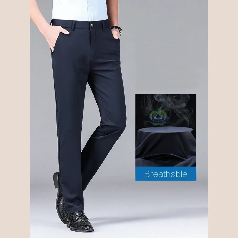 R&z - Summer Thin Ice Silk Business Pants Men Elastic Waist Classic Work - Men’s Pants