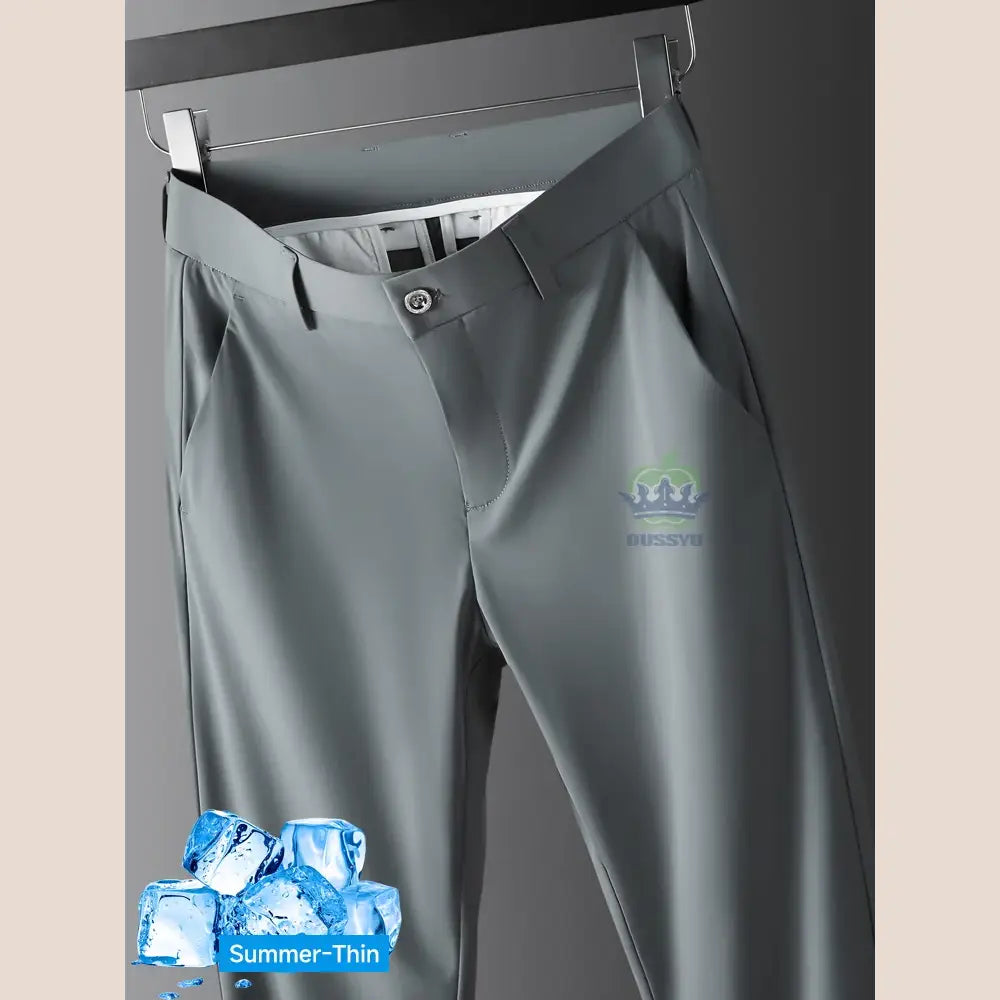R&z - Summer Thin Ice Silk Business Pants Men Elastic Waist Classic Work - Dark grey / 31 - Men’s Pants