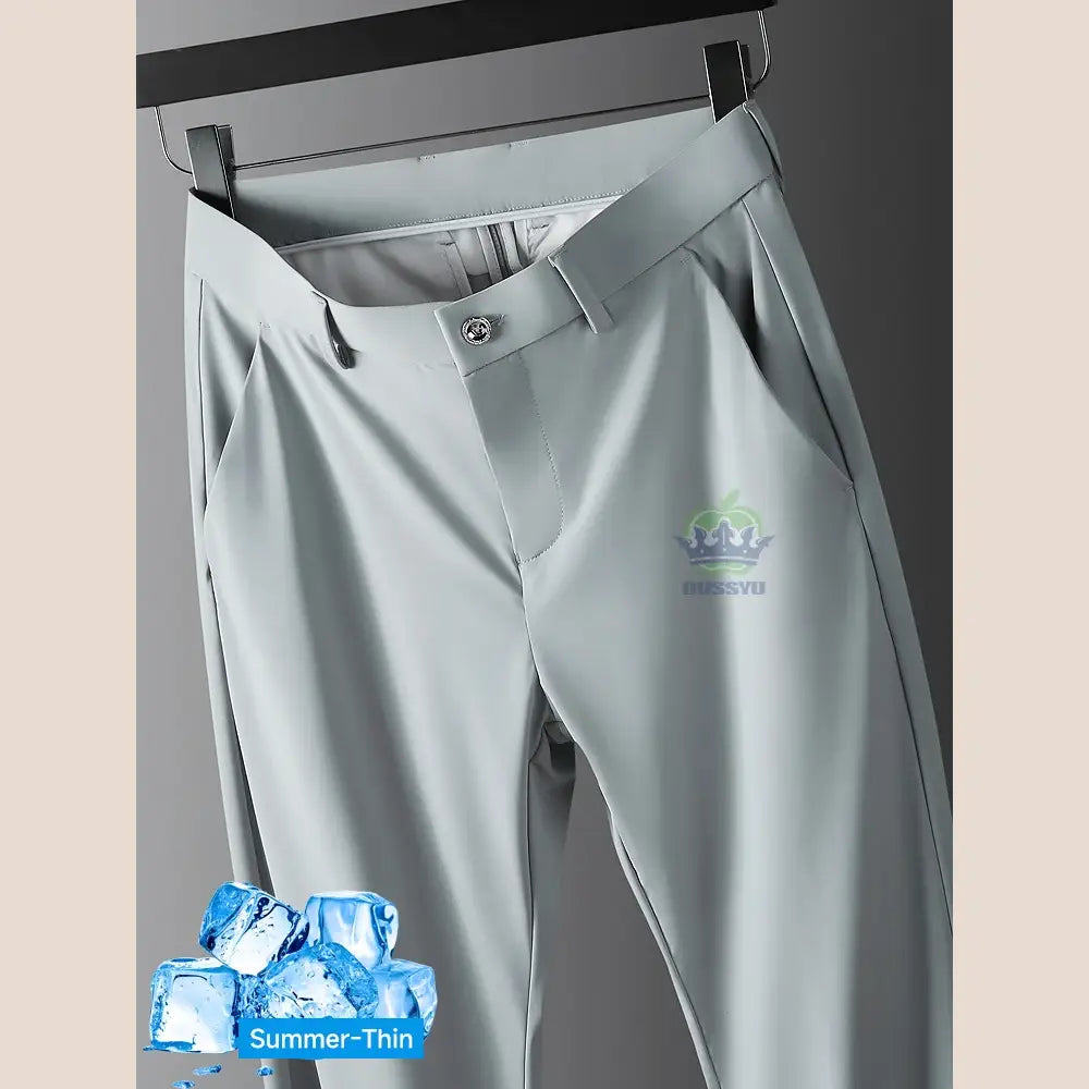 R&z - Summer Thin Ice Silk Business Pants Men Elastic Waist Classic Work - Light gray / 29 - Men’s Pants