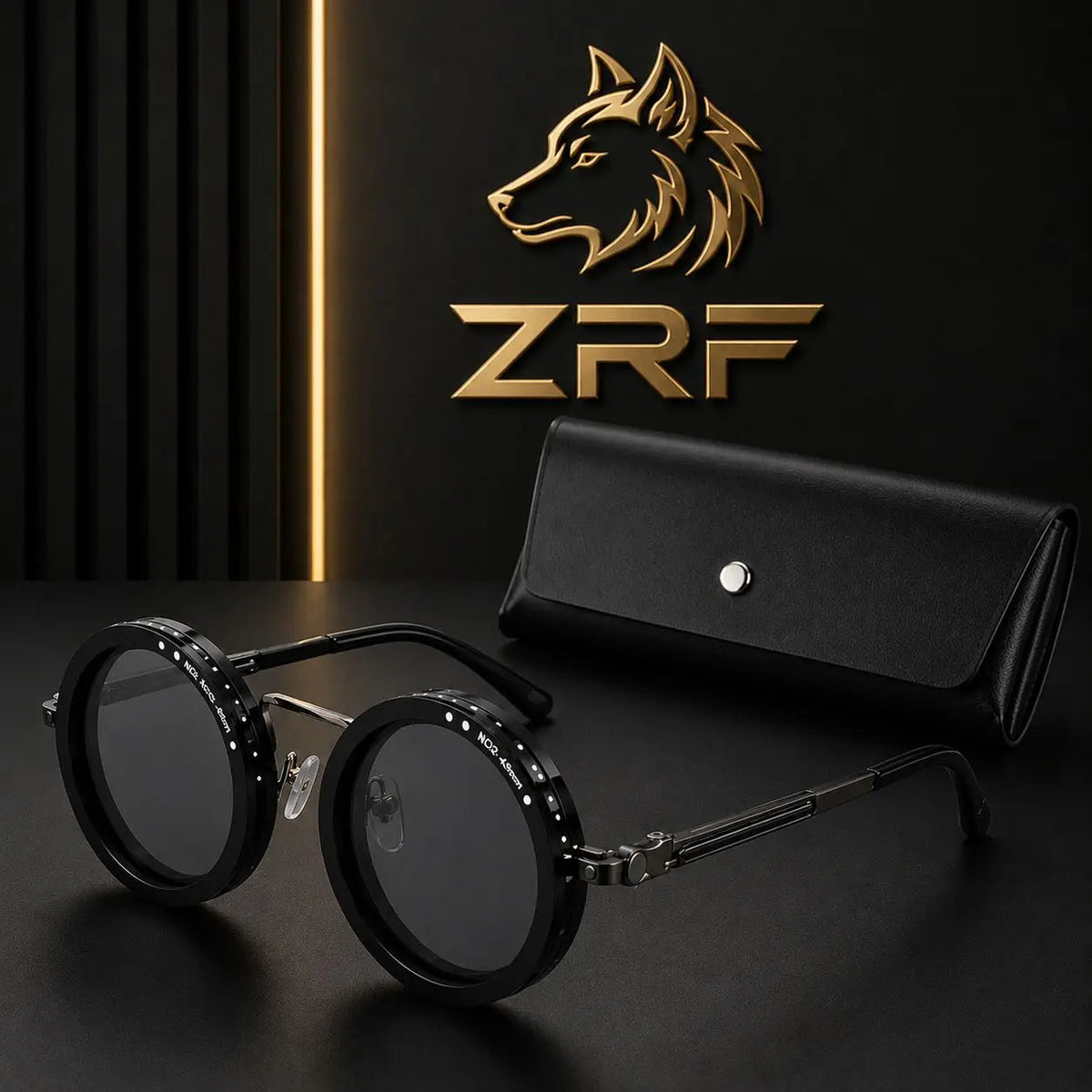 Black round-framed glasses with metallic hinge and studded detailing beside matching black leather case from r&z wolfs gaze