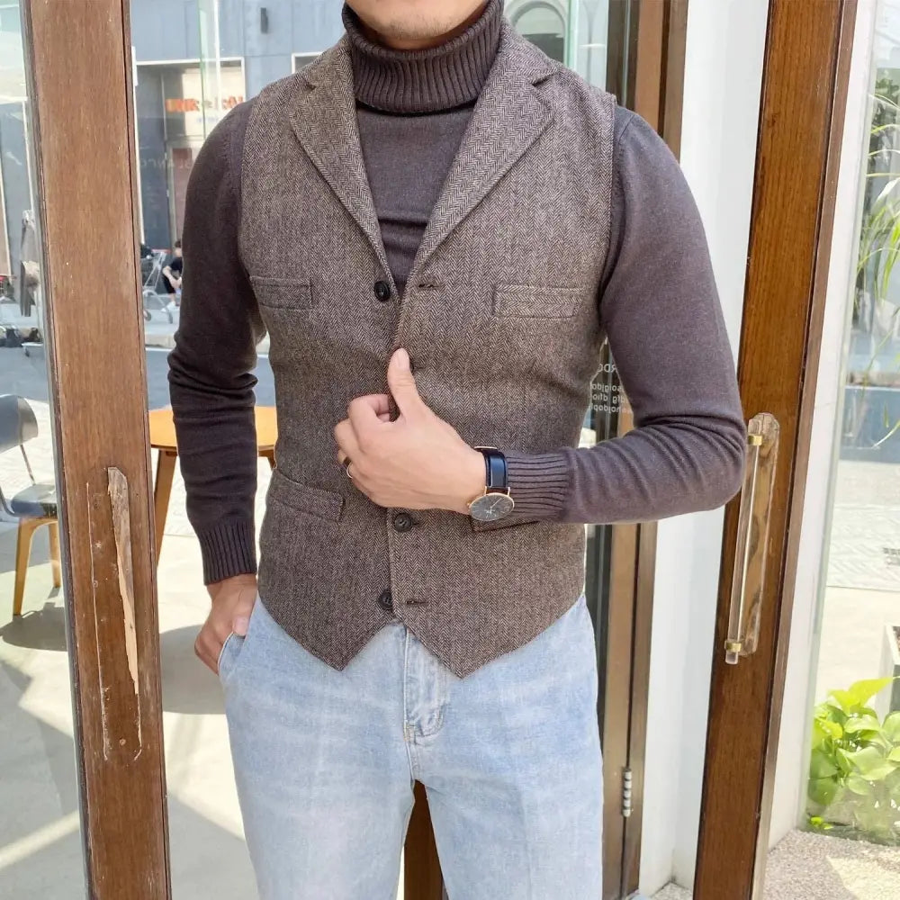 R&z - Vest Lapel V Neck Herringbone Casual Business Vest Waistcoat Groomman For Wedding Tweed Business Waistcoat