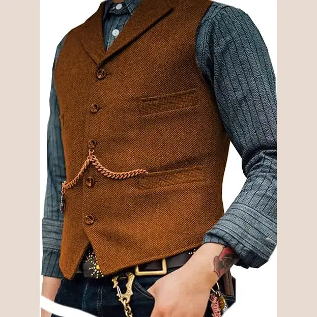 R&z - Vest Lapel V Neck Herringbone Casual Business Vest Waistcoat Groomman For Wedding Tweed Business Waistcoat