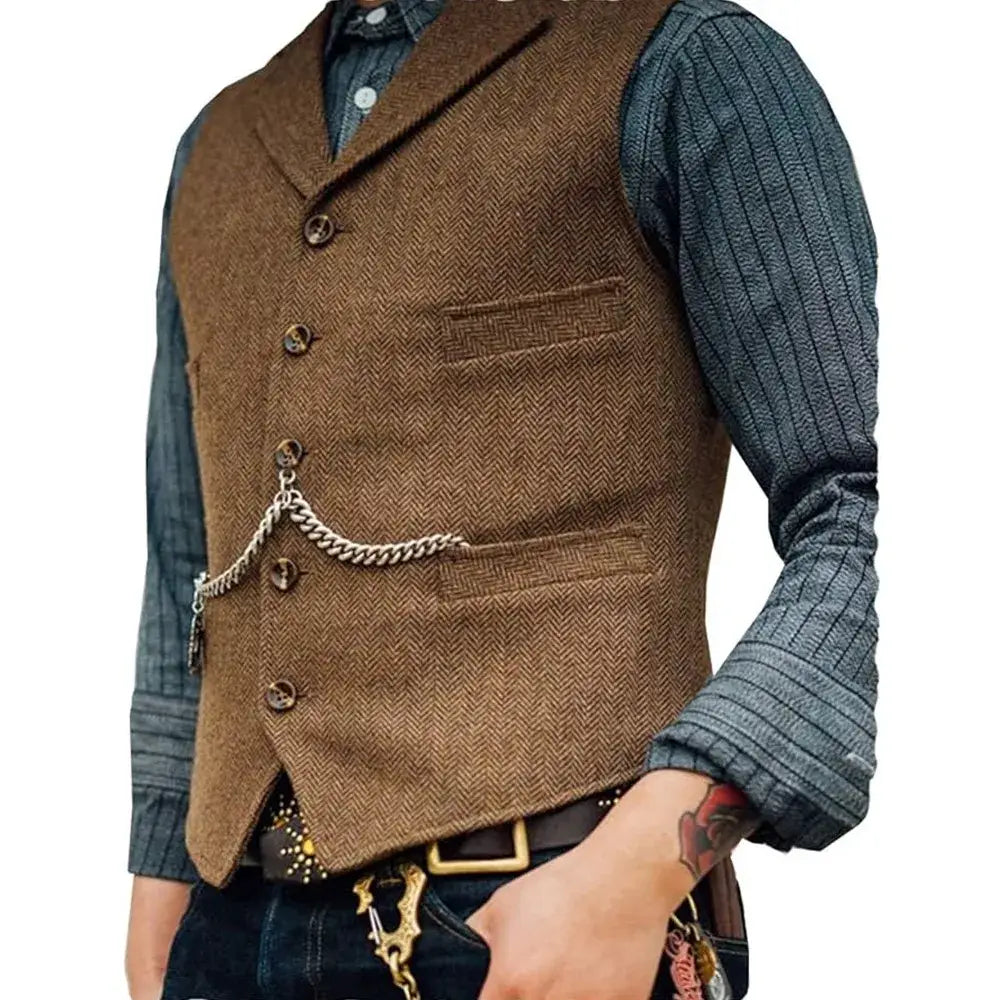 R&z - Vest Lapel V Neck Herringbone Casual Business Vest Waistcoat Groomman For Wedding Tweed Business Waistcoat