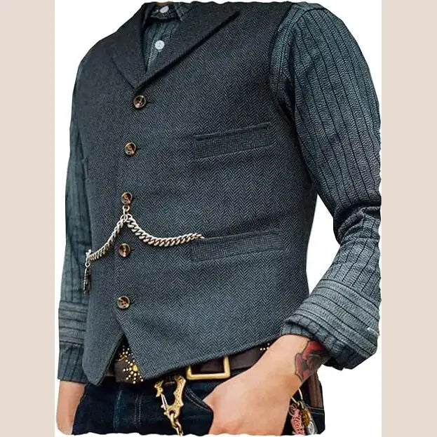 R&z - Vest Lapel V Neck Herringbone Casual Business Vest Waistcoat Groomman For Wedding Tweed Business Waistcoat