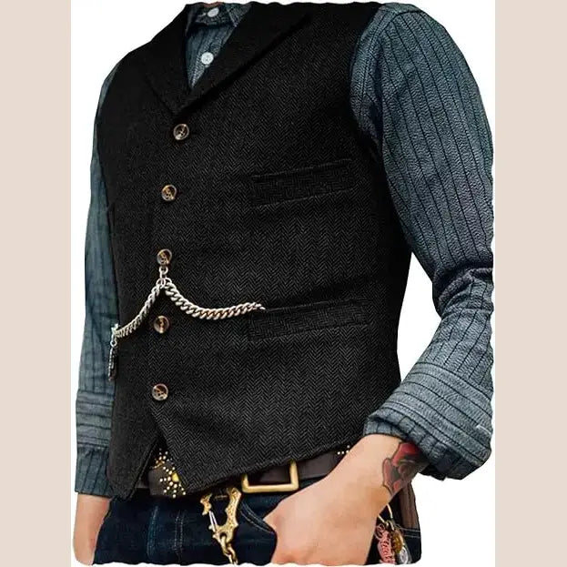 R&z - Vest Lapel V Neck Herringbone Casual Business Vest Waistcoat Groomman For Wedding Tweed Business Waistcoat