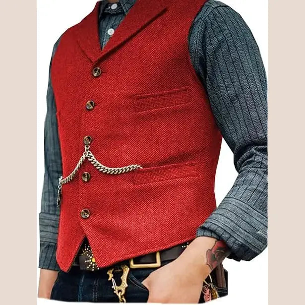 R&z - Vest Lapel V Neck Herringbone Casual Business Vest Waistcoat Groomman For Wedding Tweed Business Waistcoat - Red