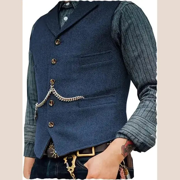 R&z - Vest Lapel V Neck Herringbone Casual Business Vest Waistcoat Groomman For Wedding Tweed Business Waistcoat - Blue