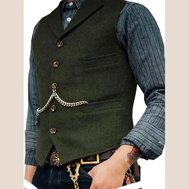 R&z - Vest Lapel V Neck Herringbone Casual Business Vest Waistcoat Groomman For Wedding Tweed Business Waistcoat - Army