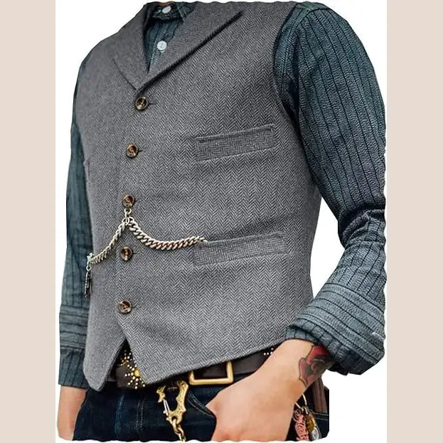 R&z - Vest Lapel V Neck Herringbone Casual Business Vest Waistcoat Groomman For Wedding Tweed Business Waistcoat
