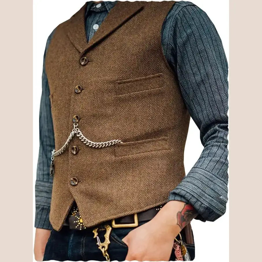 R&z - Vest Lapel V Neck Herringbone Casual Business Vest Waistcoat Groomman For Wedding Tweed Business Waistcoat