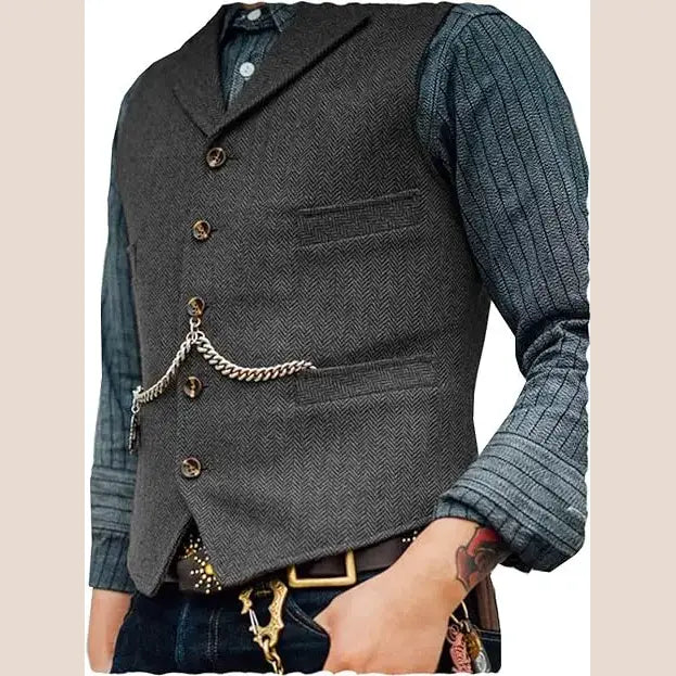 R&z - Vest Lapel V Neck Herringbone Casual Business Vest Waistcoat Groomman For Wedding Tweed Business Waistcoat - Grey