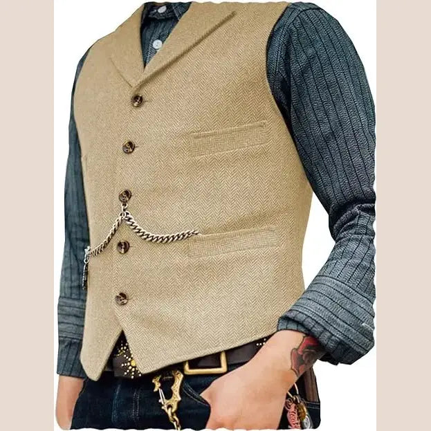 R&z - Vest Lapel V Neck Herringbone Casual Business Vest Waistcoat Groomman For Wedding Tweed Business Waistcoat