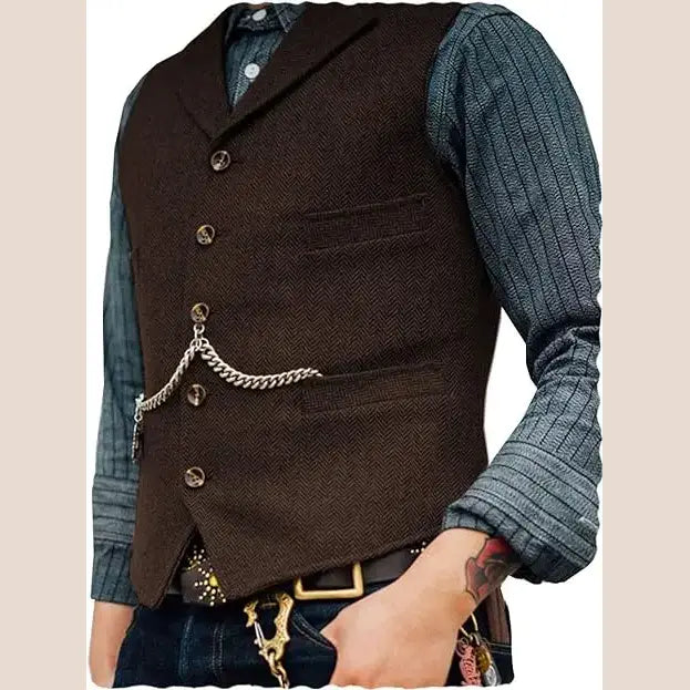 R&z - Vest Lapel V Neck Herringbone Casual Business Vest Waistcoat Groomman For Wedding Tweed Business Waistcoat