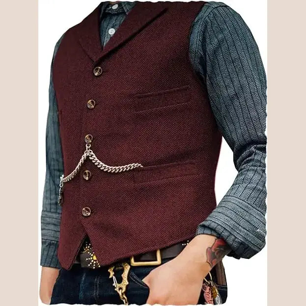R&z - Vest Lapel V Neck Herringbone Casual Business Vest Waistcoat Groomman For Wedding Tweed Business Waistcoat