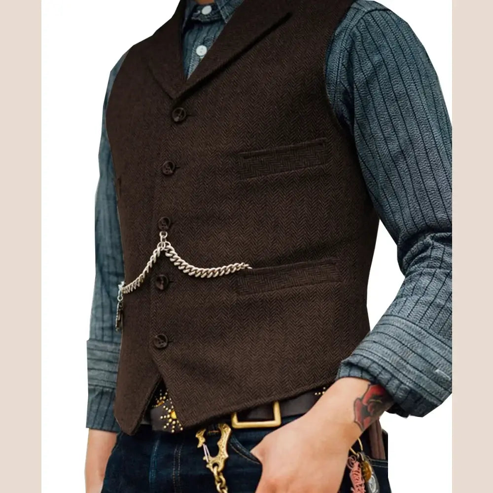 R&z - Vest Lapel V Neck Wool Herringbone Casual Brown Waistcoat Casual Formal - Coffe / L - Executive Business Wear