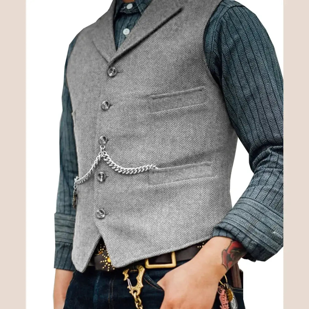 R&z - Vest Lapel V Neck Wool Herringbone Casual Brown Waistcoat Casual Formal - Sliver / XXL - Executive Business Wear