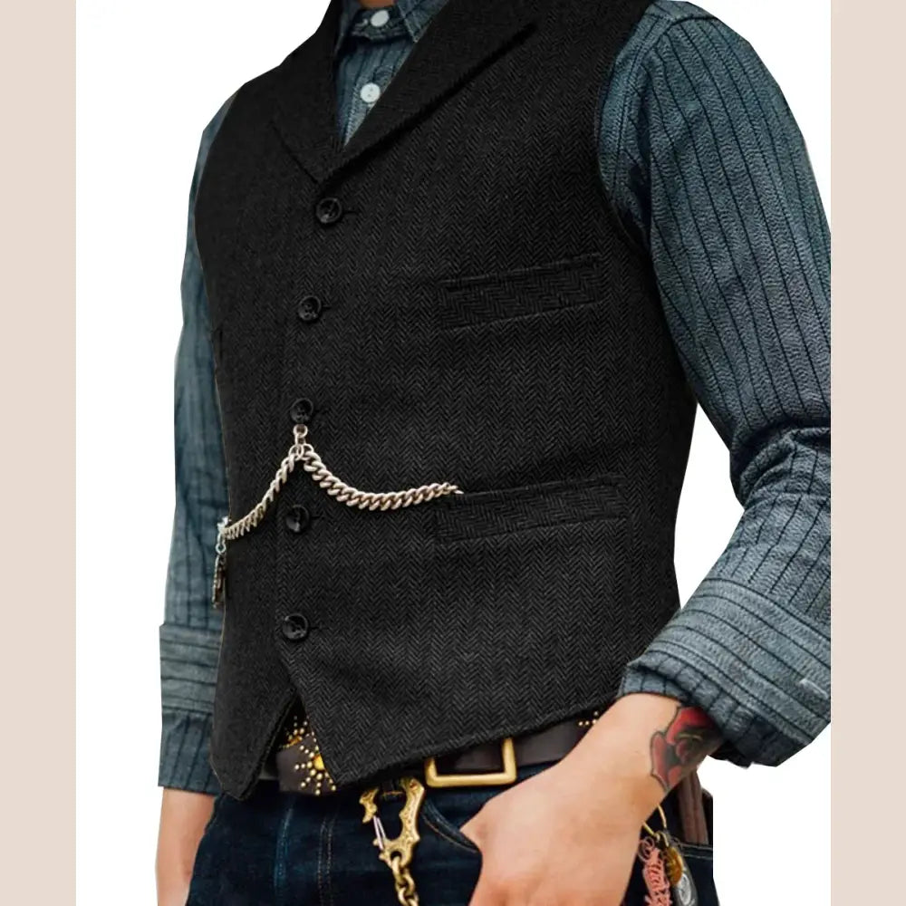 R&z - Vest Lapel V Neck Wool Herringbone Casual Brown Waistcoat Casual Formal - Black / XXL - Executive Business Wear