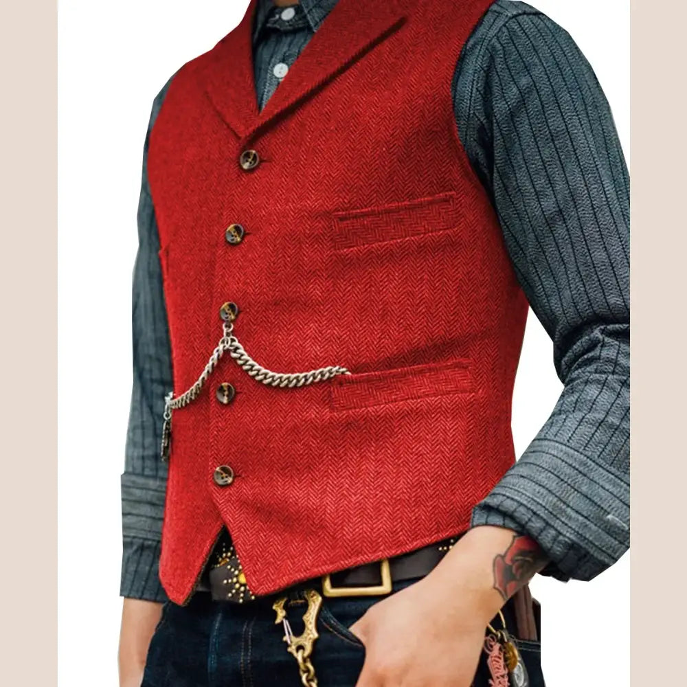 R&z - Vest Lapel V Neck Wool Herringbone Casual Brown Waistcoat Casual Formal - Red / L - Executive Business Wear