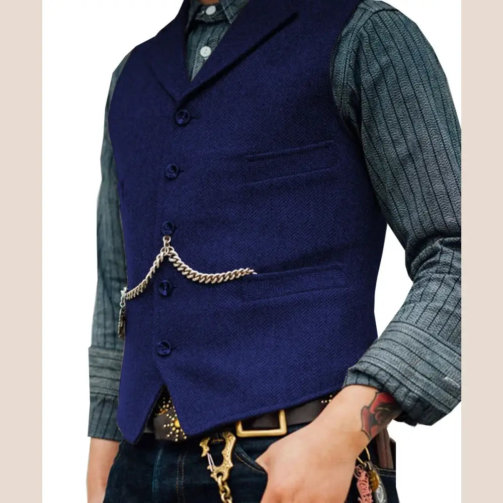R&z - Vest Lapel V Neck Wool Herringbone Casual Brown Waistcoat Casual Formal - Royal Blue / XXXL - Executive Business