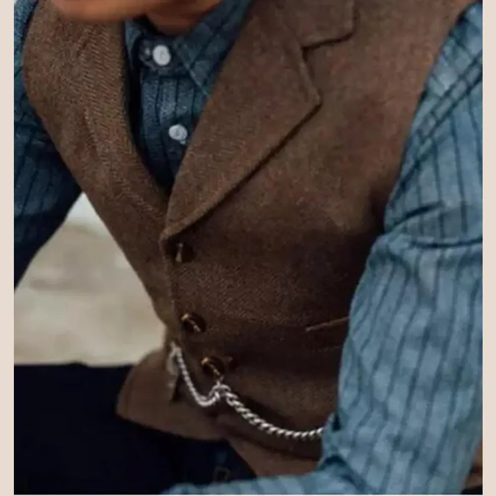 R&z - Vest Lapel V Neck Wool Herringbone Casual Brown Waistcoat Casual Formal - Executive Business Wear
