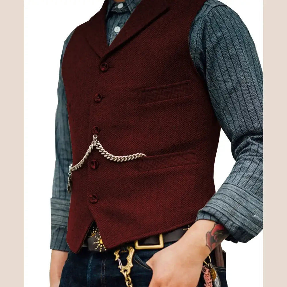 R&z - Vest Lapel V Neck Wool Herringbone Casual Brown Waistcoat Casual Formal - Burgundy / S - Executive Business Wear