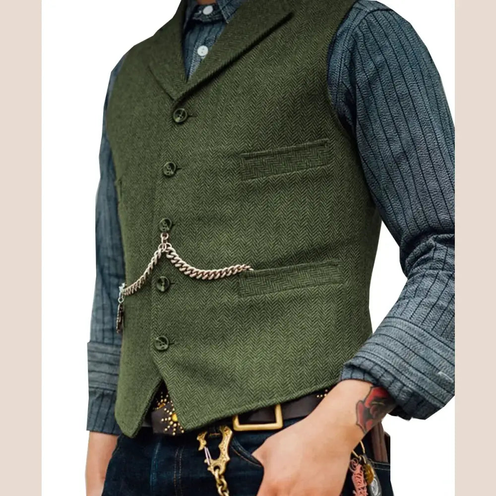 R&z - Vest Lapel V Neck Wool Herringbone Casual Brown Waistcoat Casual Formal - Green / XL - Executive Business Wear