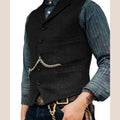 R&z - Vest Lapel V Neck Wool Herringbone Casual Brown Waistcoat Casual Formal - Black / L - Executive Business Wear