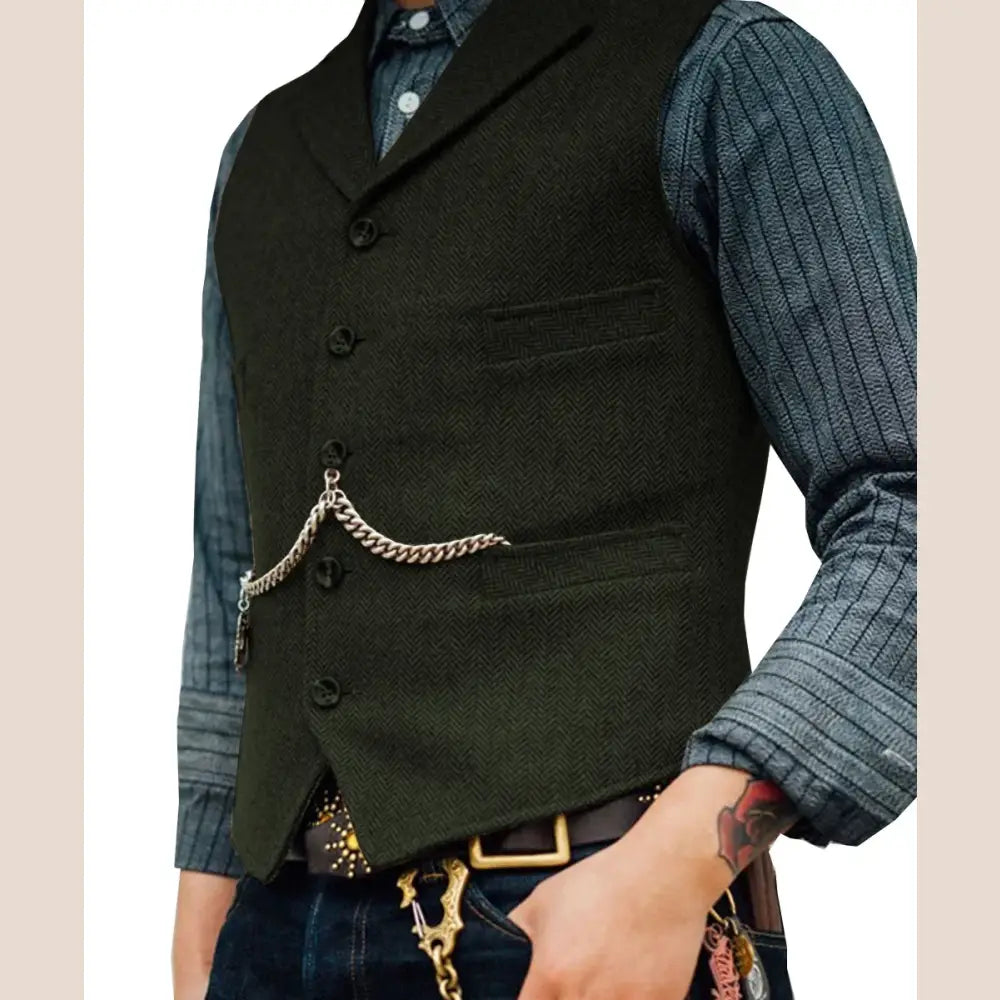 R&z - Vest Lapel V Neck Wool Herringbone Casual Brown Waistcoat Casual Formal - Army green / XXL - Executive Business