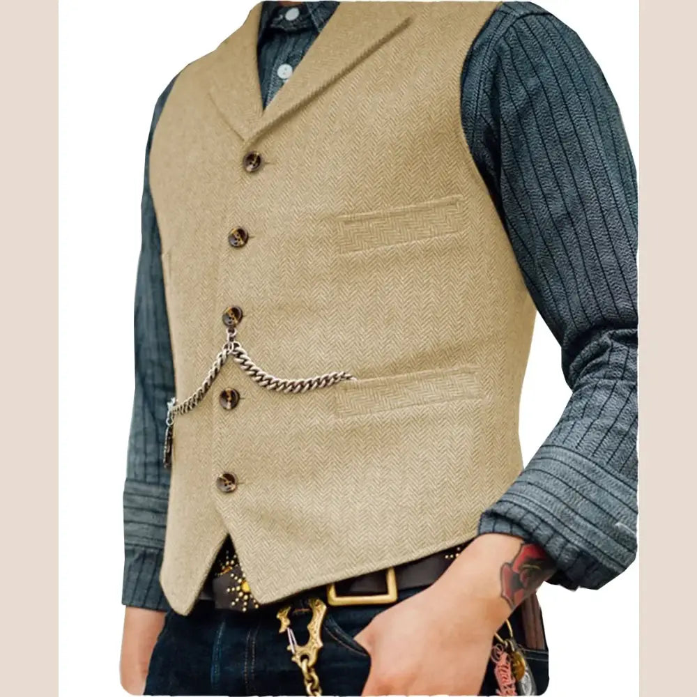 R&z - Vest Lapel V Neck Wool Herringbone Casual Brown Waistcoat Casual Formal - Champagne / L - Executive Business Wear